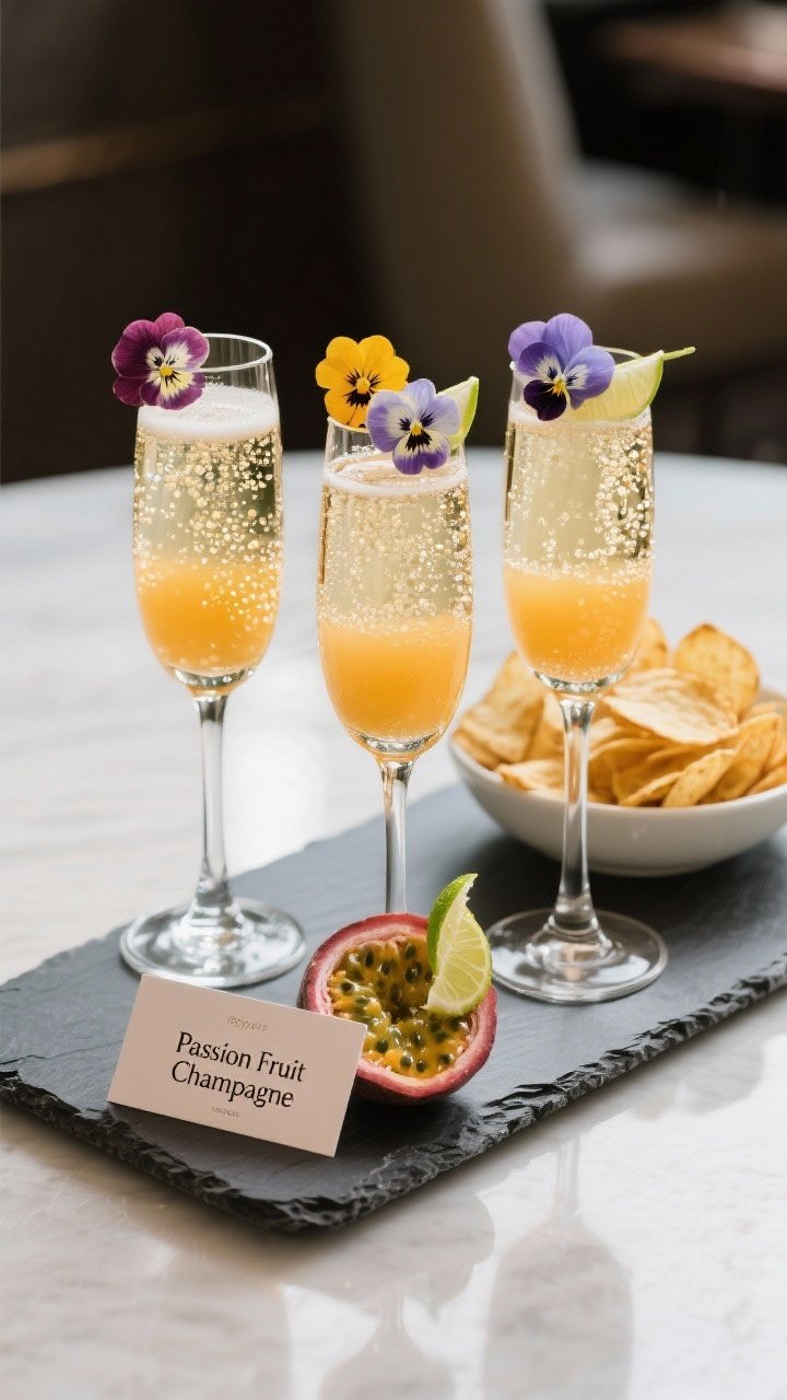 Final presentation: Restaurant-quality plating of Passion Fruit Champagne for a celebration—three 
