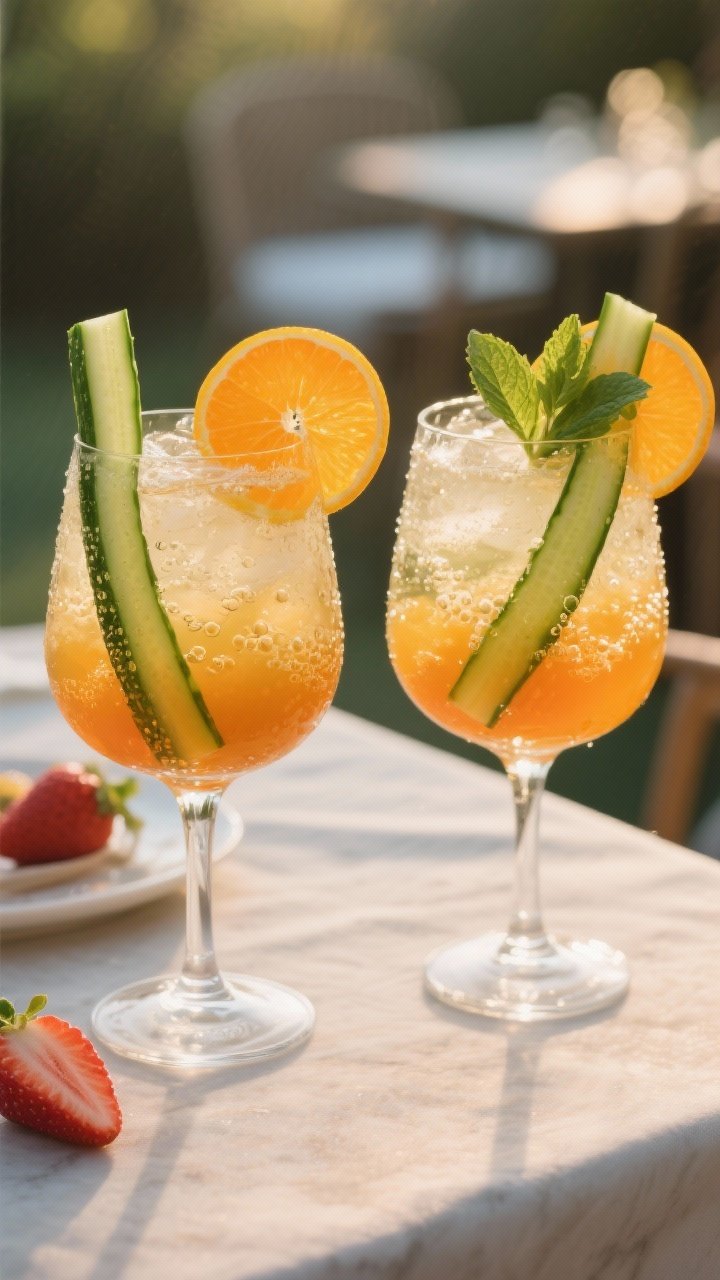 Final presentation: Two elegant large wine glasses of Orange & Cucumber Pimm’s on an outdoor-style