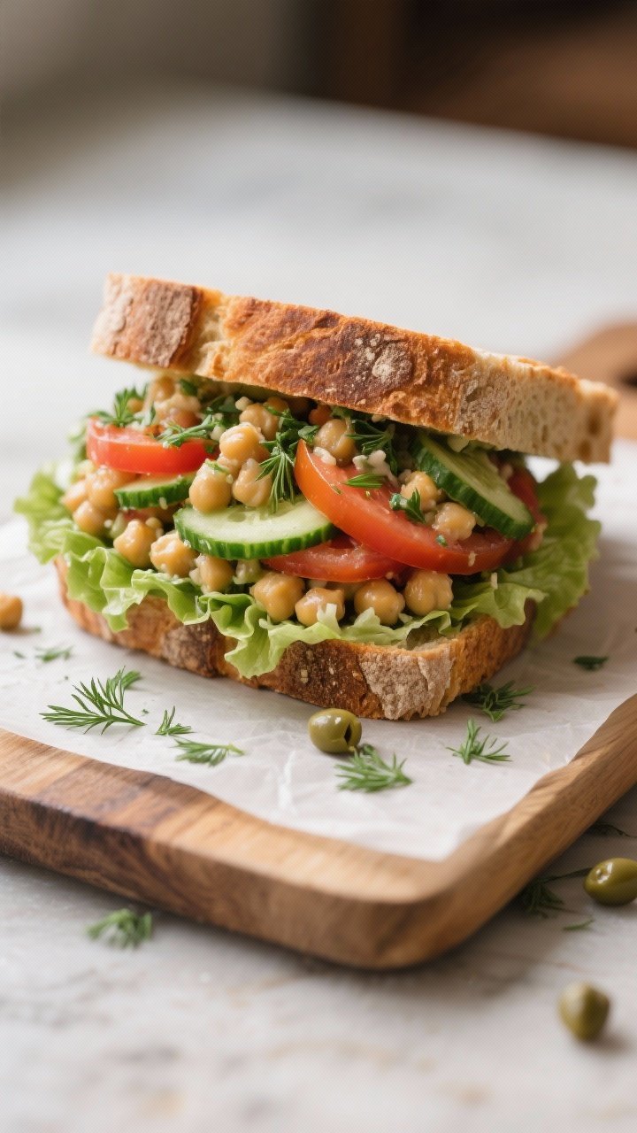 Final sandwich presentation: Beautifully plated chickpea salad sandwich on toasted sourdough—layer