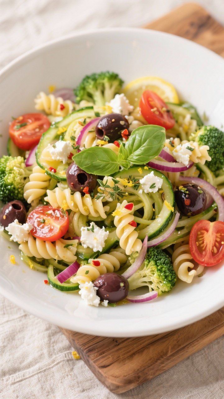 Overhead tasty top view: Broccoli Pasta Salad with zucchini noodles fully tossed in lemon-garlic dre