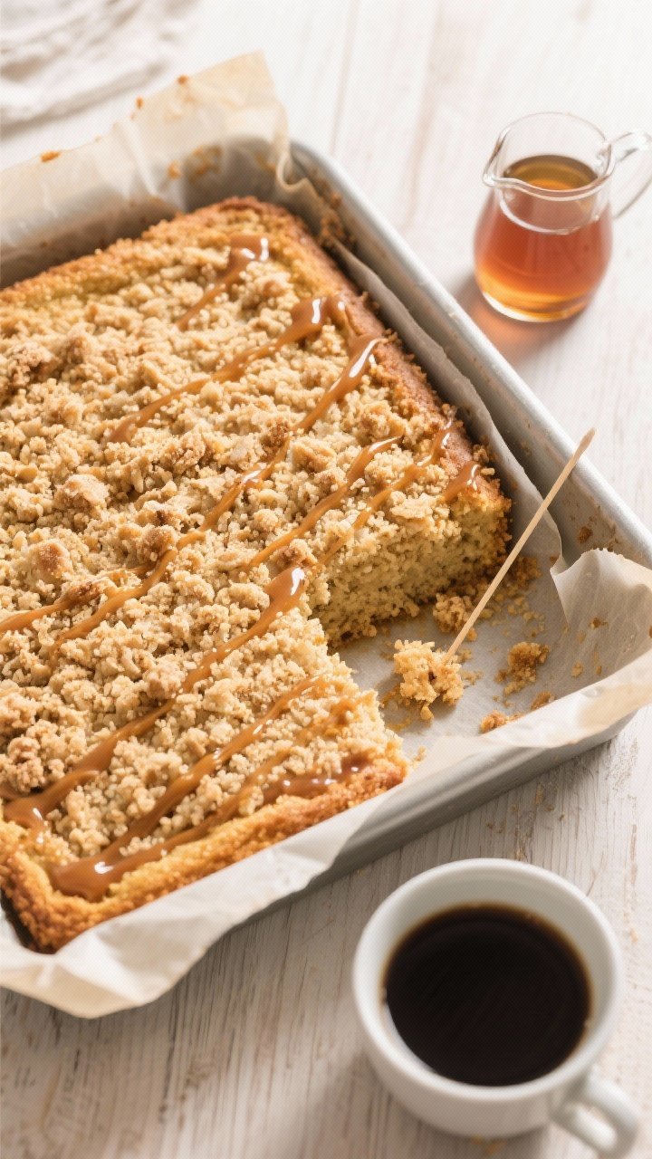 Overhead “tasty top view” of the full 8-inch square crumb cake still in the parchment-lined pan,
