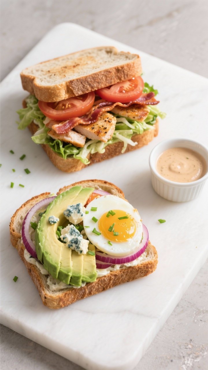 Overhead “tasty top view” of the open-faced Cobb Salad Sandwich assembly: toasted bread slice la