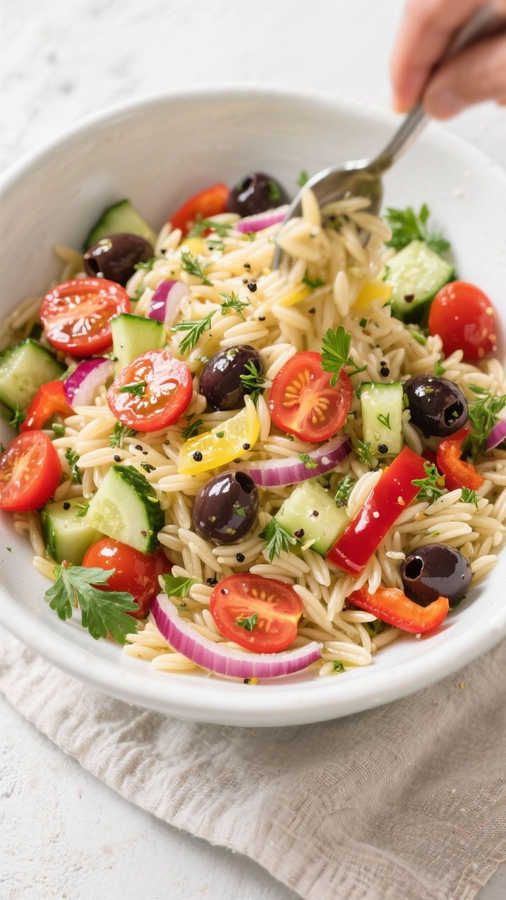 Overhead tasty top view: Orzo salad mid-toss in a large white mixing bowl, showing glossy orzo coate