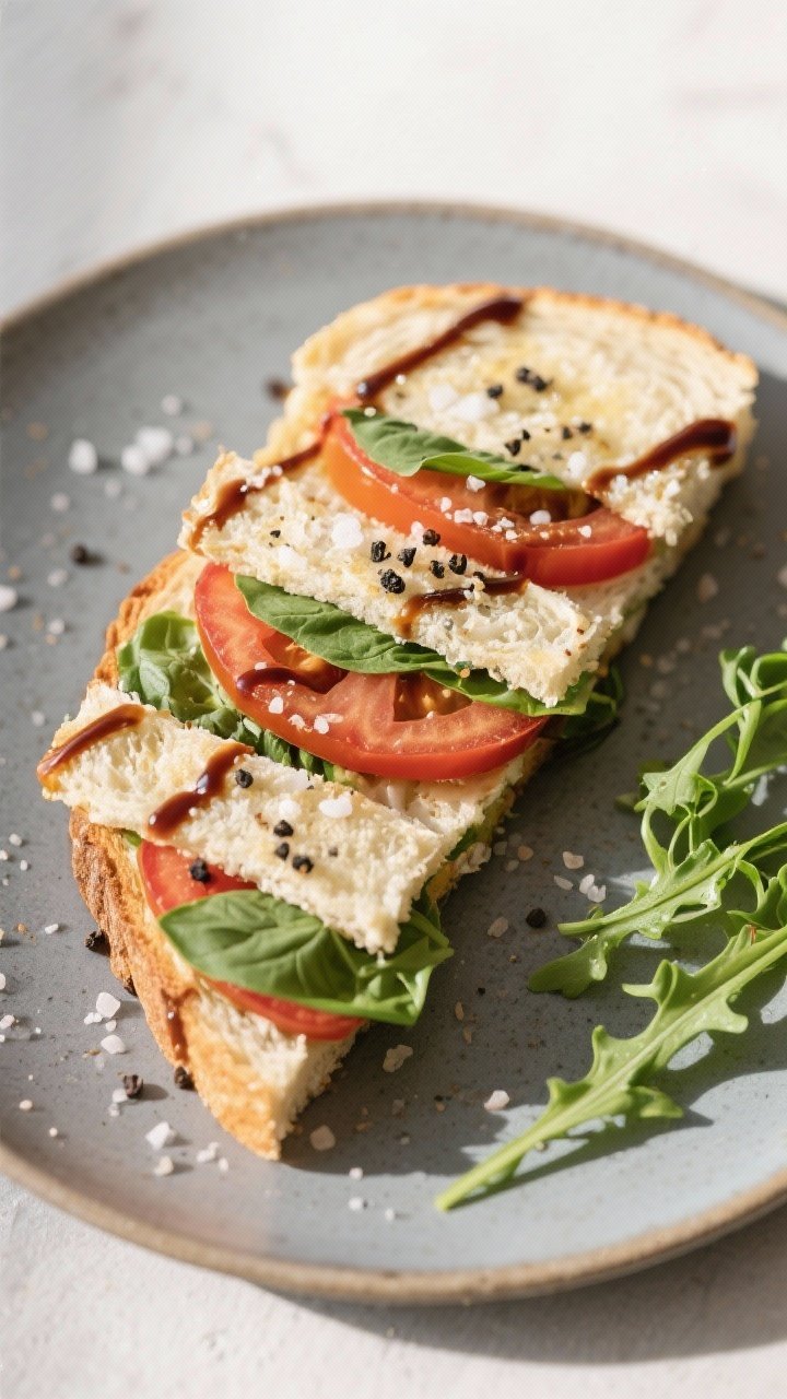 Overhead top-down shot of a finished Caprese sandwich cut into thirds, each piece slightly angled to