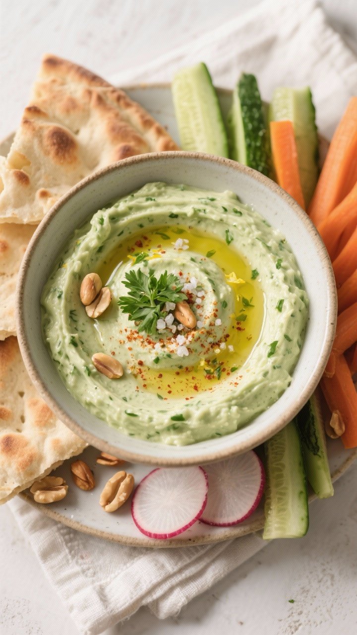 Overhead top view: Swiss Chard & Cannellini Bean Dip blended silky-smooth in a shallow ceramic bowl,