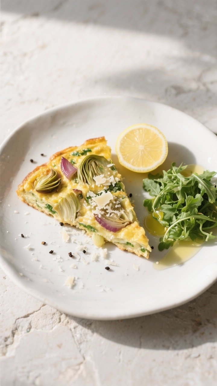 Plated slice — top view: Overhead shot of a neatly cut wedge of artichoke frittata on a white cera