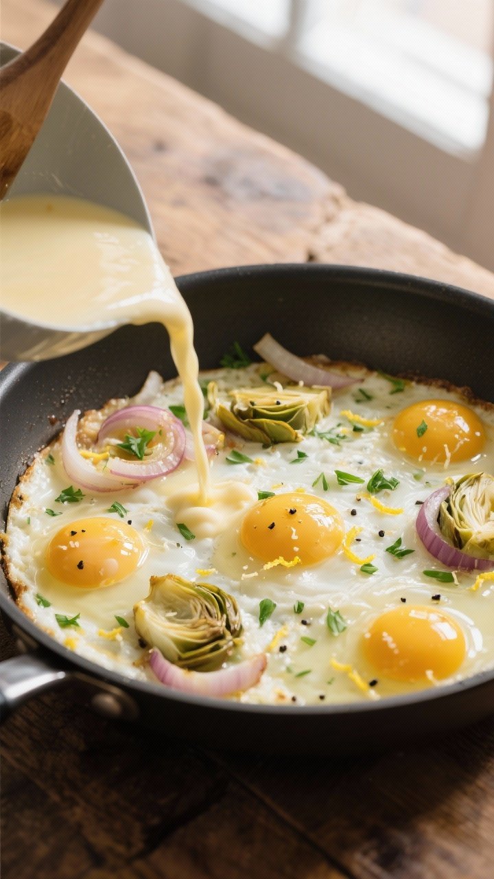 Pour-and-set stage — eggs going into the pan: Overhead shot of silky egg mixture (whisked with Par
