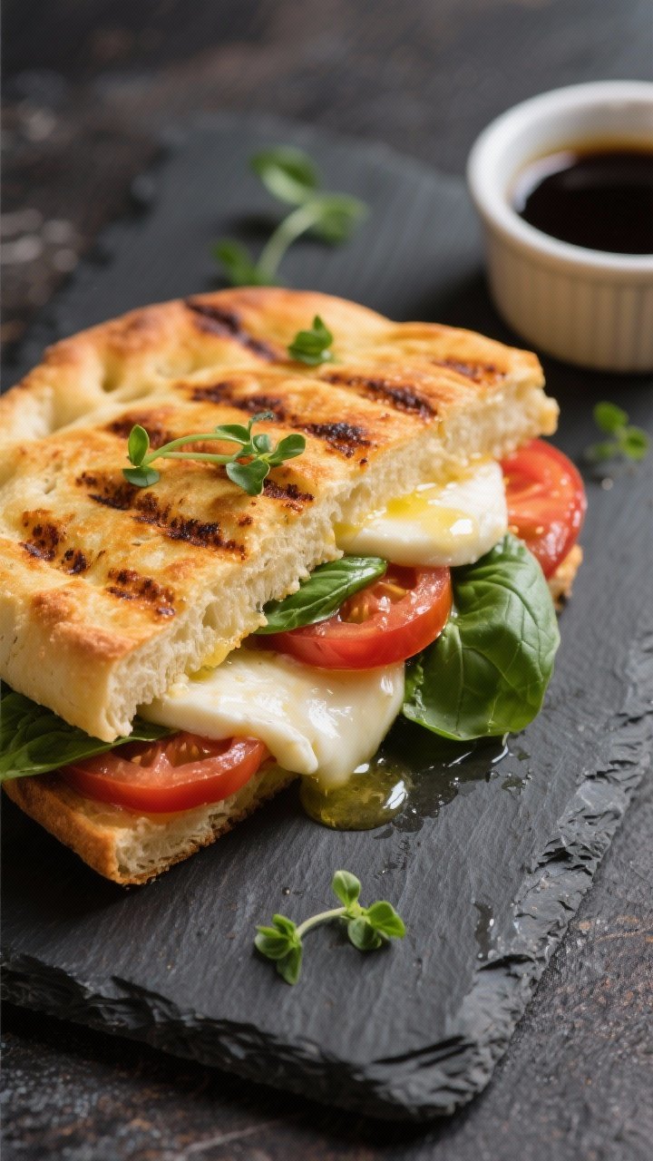 Restaurant-quality final presentation: warm panini-pressed Caprese variation on focaccia, grill mark