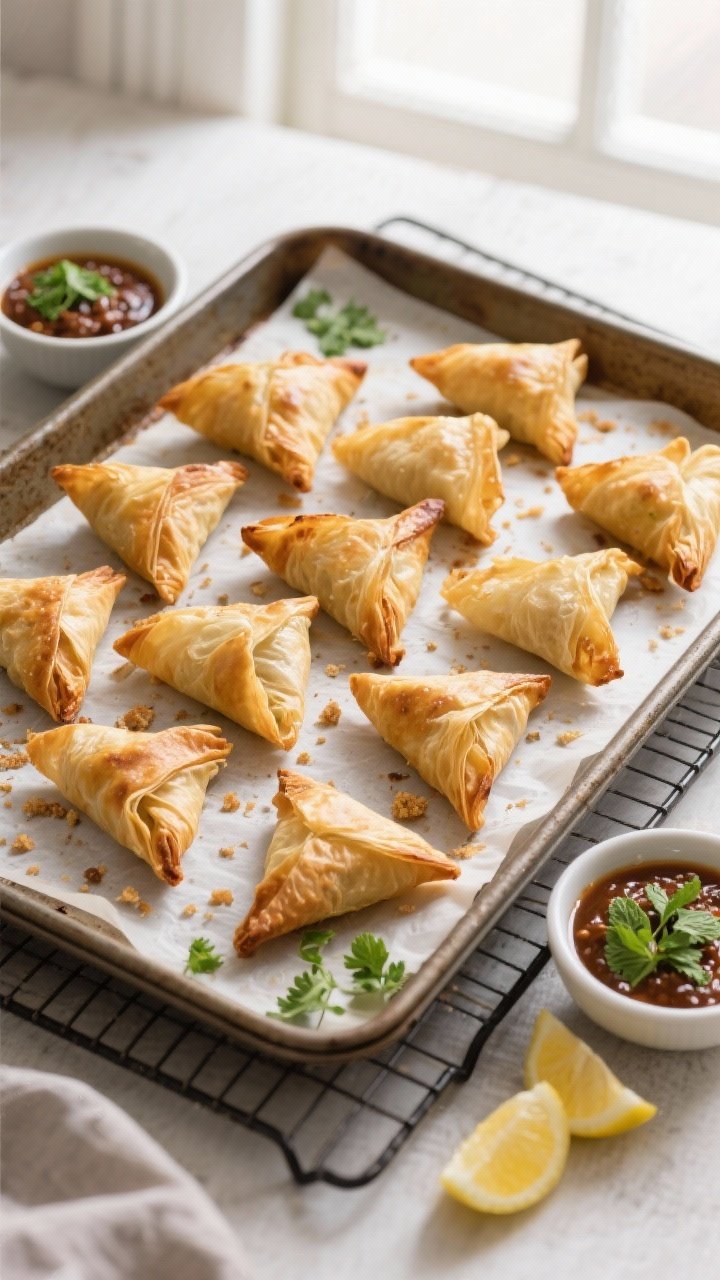 Tasty top view: A baking tray fresh from the oven with a dozen golden filo samosas arranged in stagg