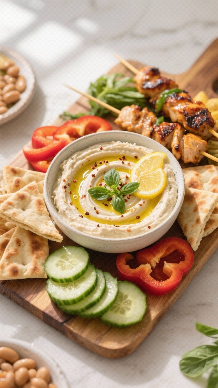 Tasty top view: Abundant snack board scene featuring a central bowl of the lemony white bean dip wit