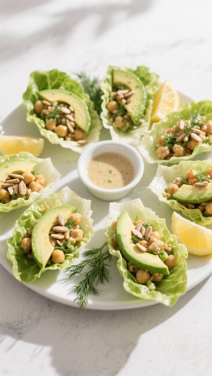 Tasty top view: Assembled lettuce wraps arranged in a neat circle on a matte white platter—butter 