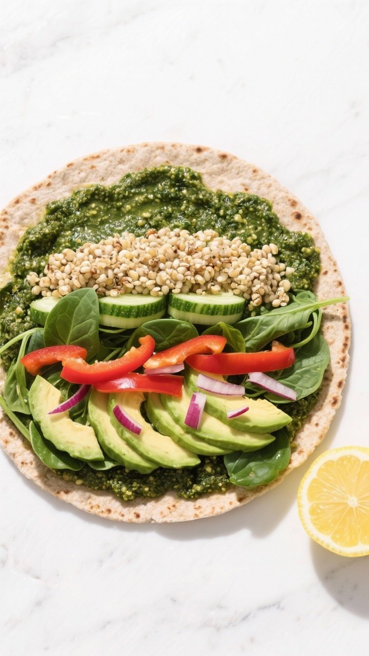 Tasty top view: Assembly scene of a warmed whole-wheat tortilla spread evenly with vibrant kale pest