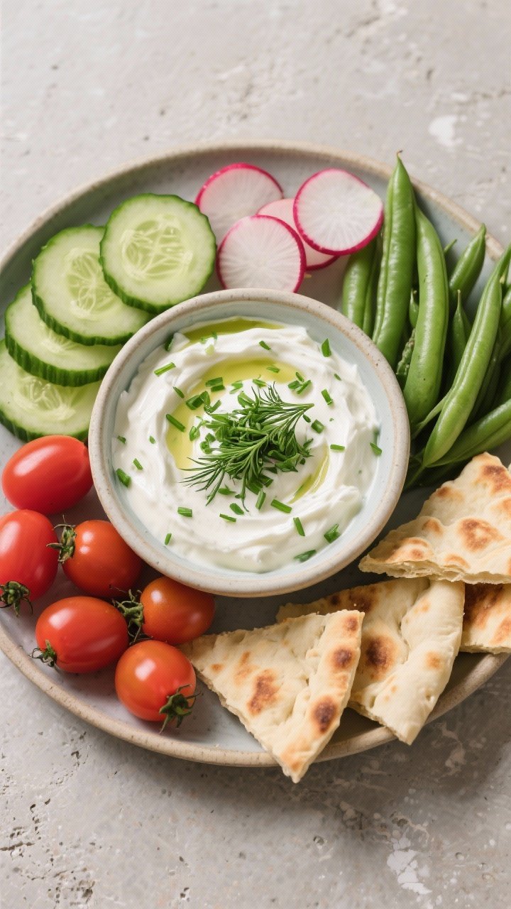 Tasty top view: Final dip served for snacking—shallow bowl of the crème fraîche herb dip topped