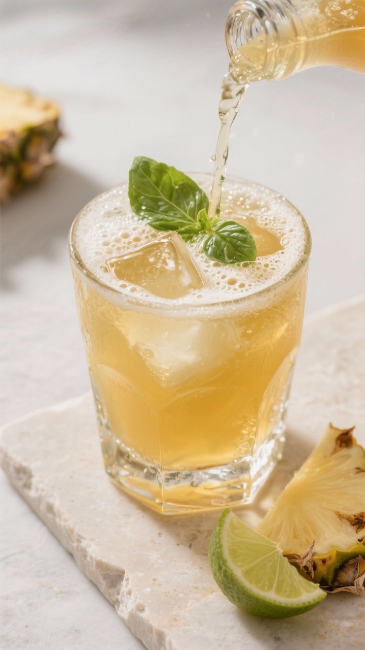 Tasty top view: Final drink topped with plain kombucha, captured mid-pour to show a lively fizz crow