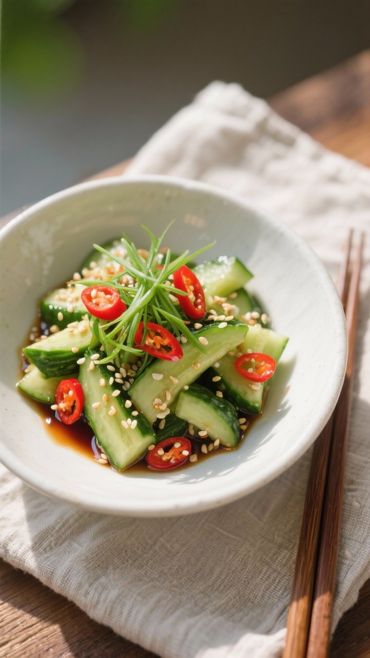 Tasty top view: Final plated Pungent Cucumbers in a shallow white ceramic bowl, arranged casually wi