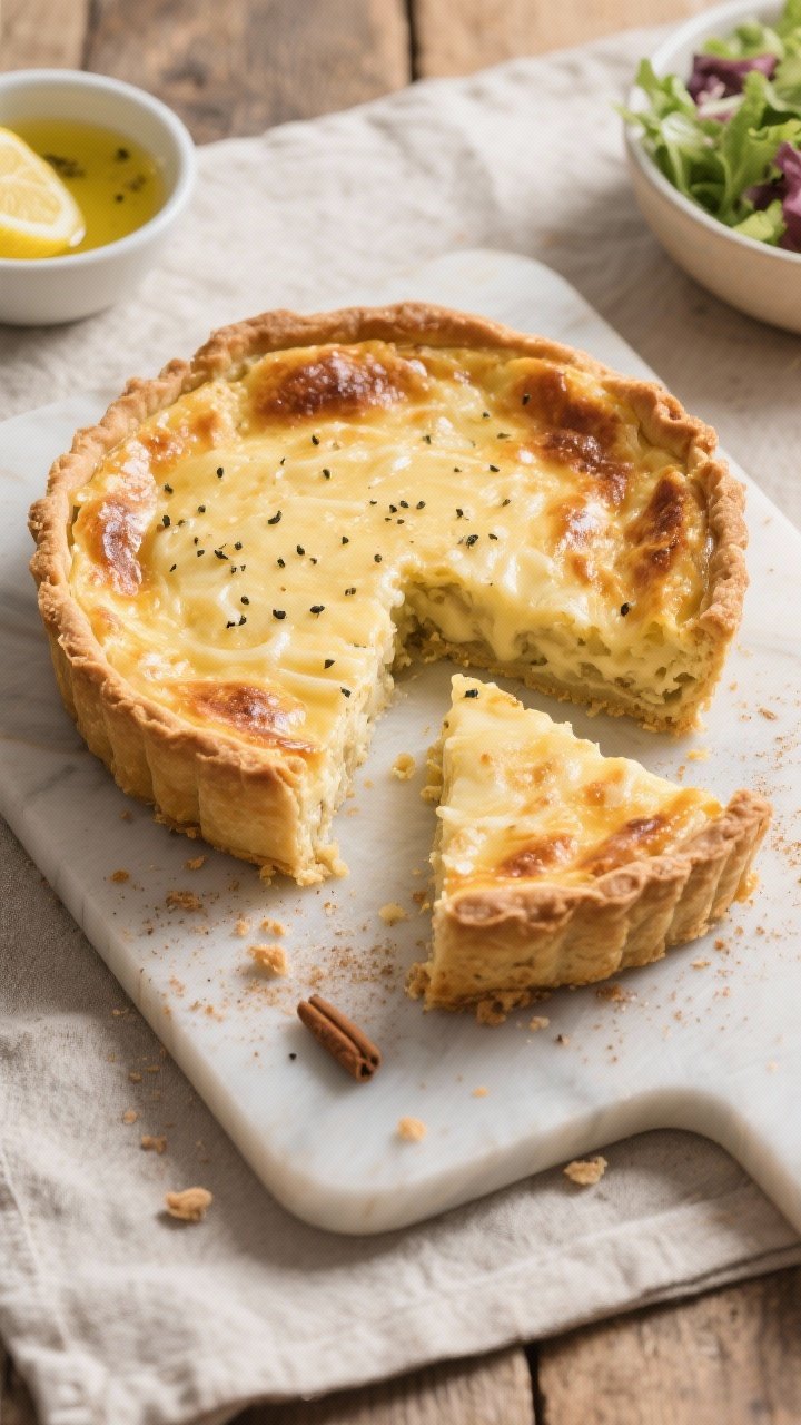 Tasty top view: Fully baked quiche from above, lightly golden top with a subtle wobble captured mid-