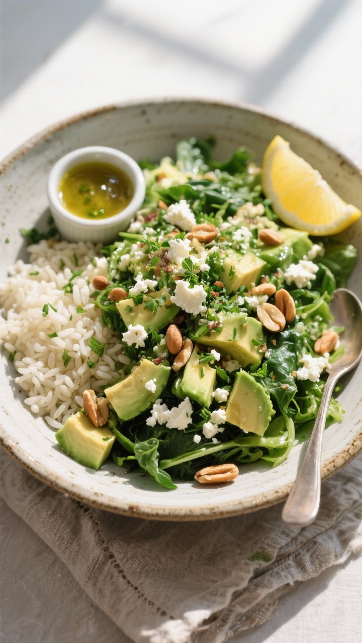 Tasty top view — hearty serving: Overhead shot of a generous serving of the salad in a rustic cera
