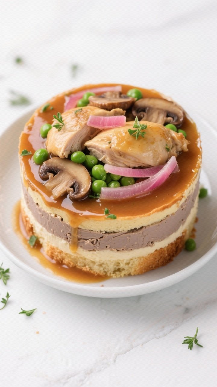 Tasty top view – Layer reveal before chilling: Overhead shot of the assembled trifle just after po