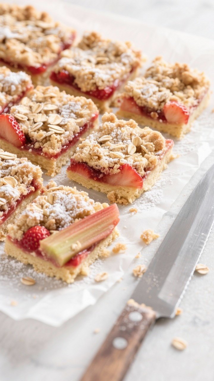 Tasty top view: Neatly sliced Strawberry Rhubarb Bars on parchment, overhead composition showing cri