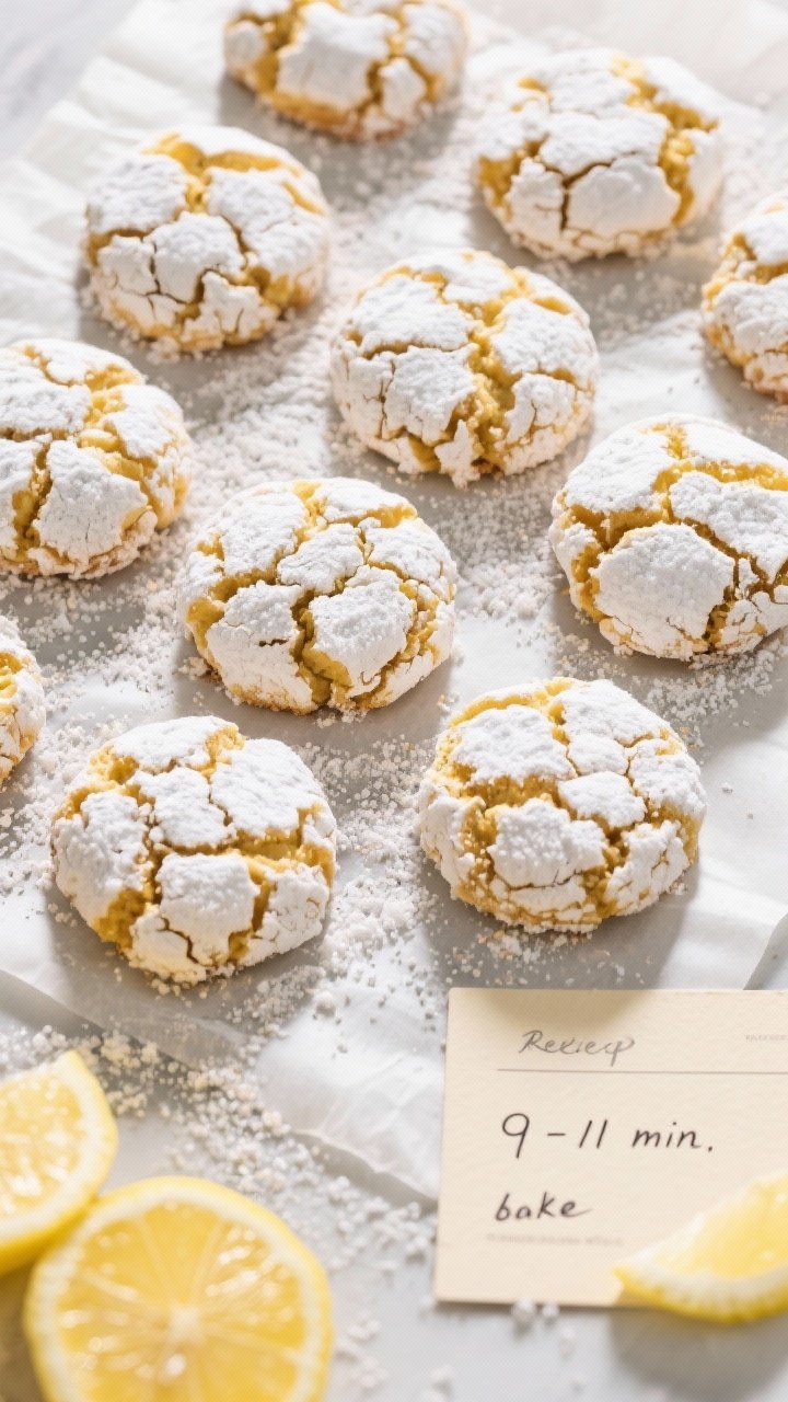 Tasty top view: Overhead bakery-style scene of Lemon Sugar Crinkle Cookies with dramatic crackled po