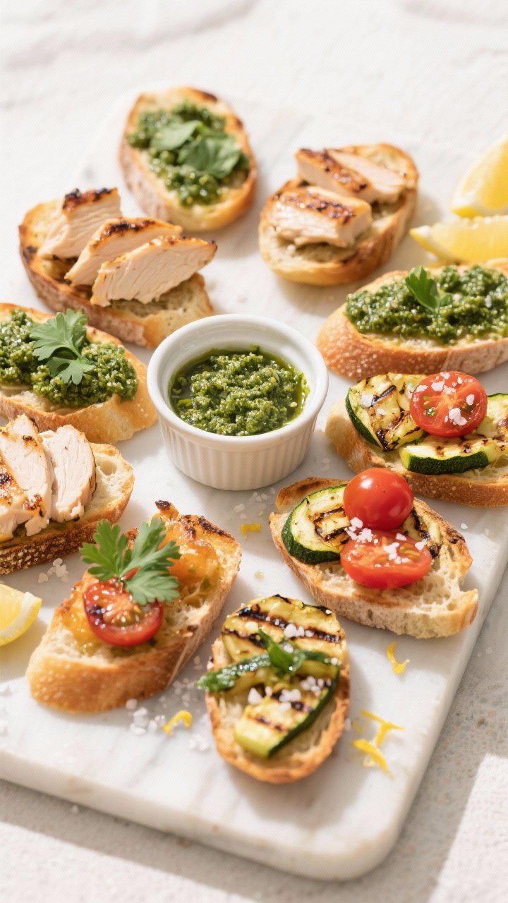 Tasty top view: Overhead board of mix-and-match party toasts—crostini with cilantro pesto alone, s