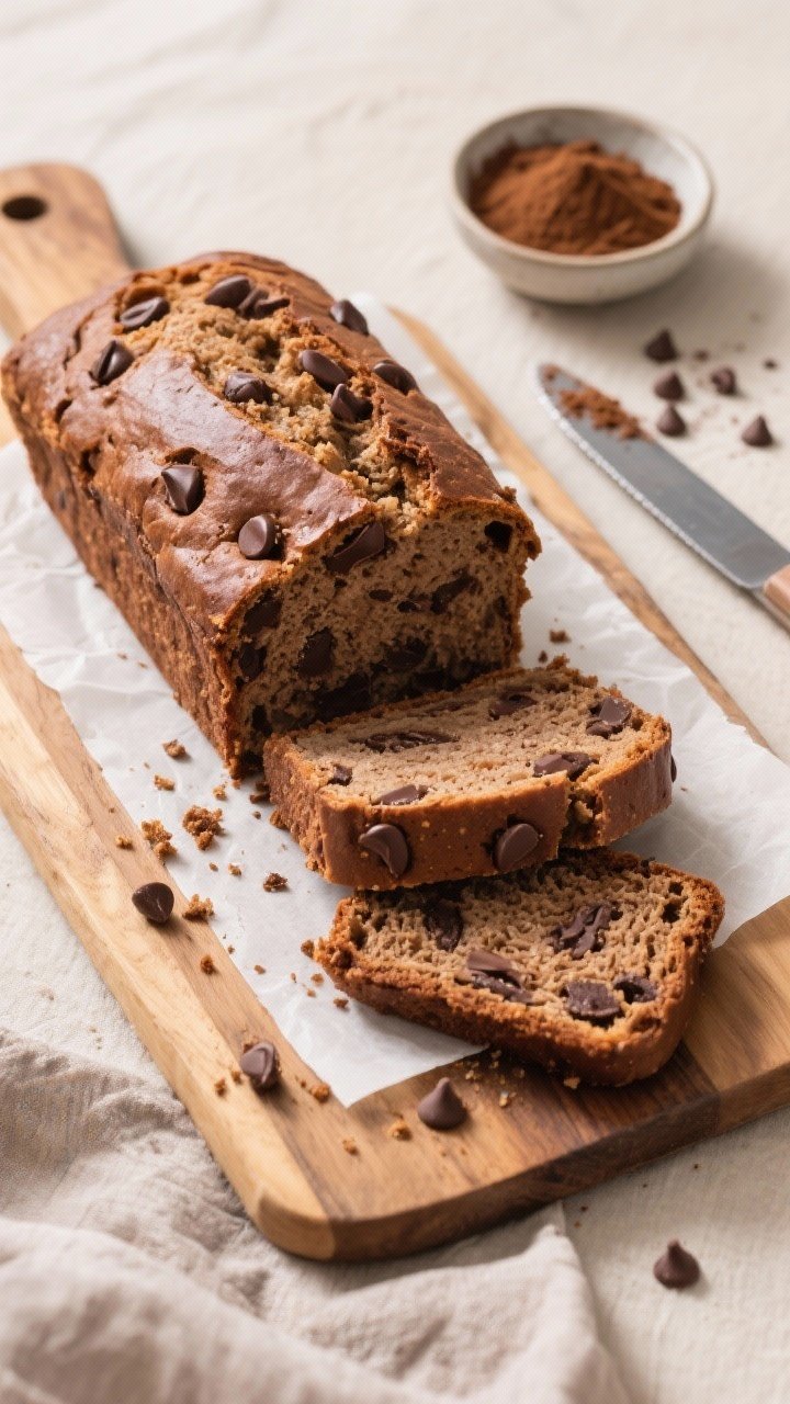 Tasty top view: Overhead breakfast scene with the fully cooled loaf partially sliced on a wooden boa