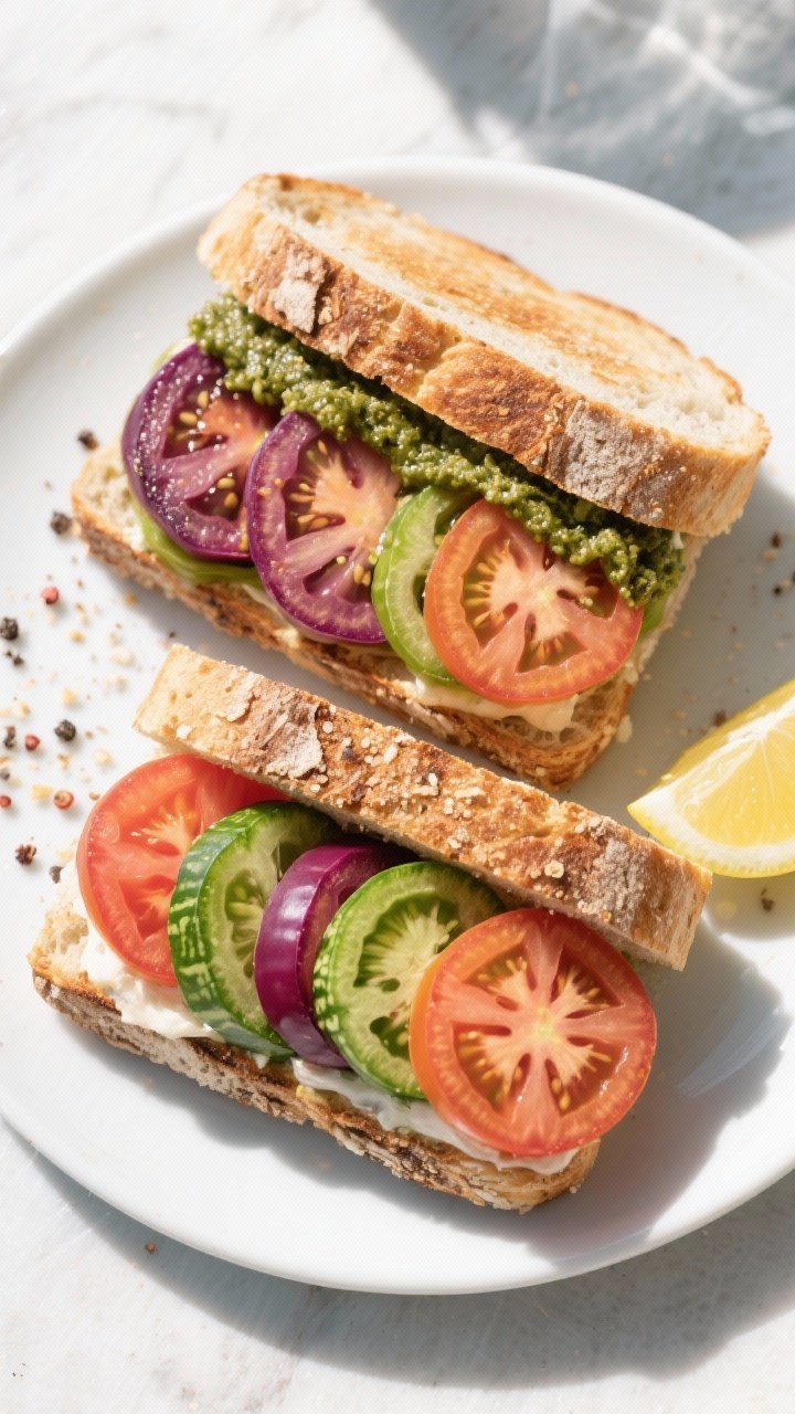 Tasty top view: Overhead café-style serving of the finished sandwich halves side-by-side, showing m