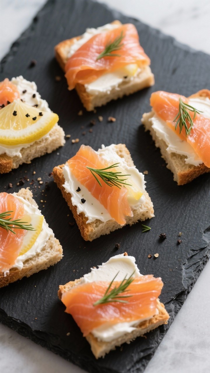 Tasty top view: Overhead canapé variation—open-face bite-size squares of bread spread with lemon-