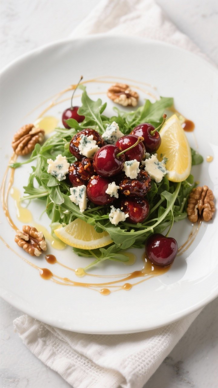 Tasty top view: Overhead composed plate—arugula lightly dressed with olive oil and lemon, crowned 