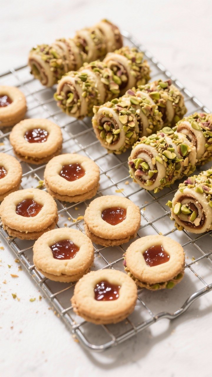 Tasty top view: Overhead cookie swap scene featuring two varieties—classic and nutty crunch (rolle