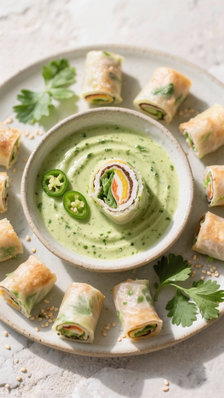 Tasty top view: Overhead dip-action scene showing a halved roll just touching the coconut-basil sauc