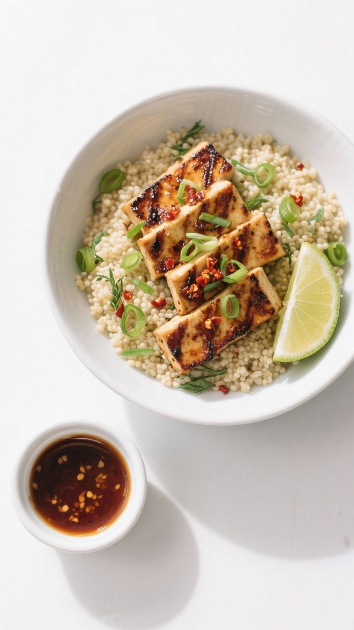Tasty top view: Overhead grain bowl featuring sliced grilled tofu with lacquered, smoky crust, place