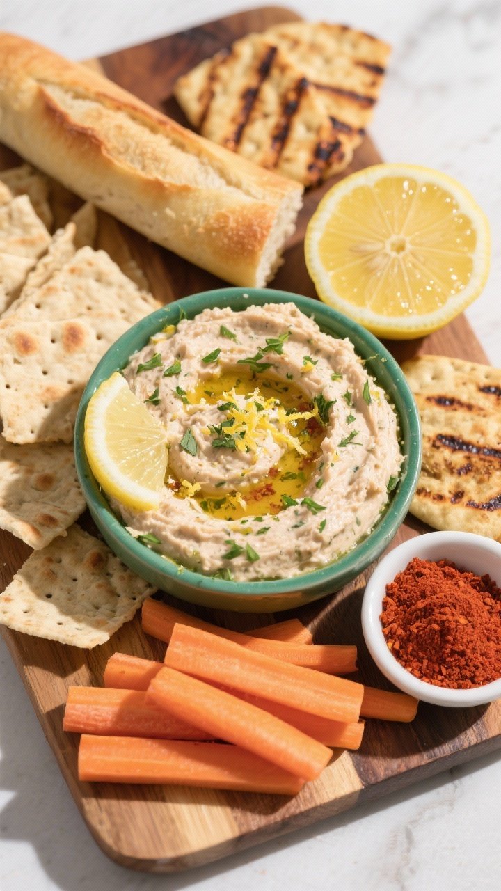 Tasty top view: Overhead grazing board scene centered on the smoked catfish dip with a loose, scoopa