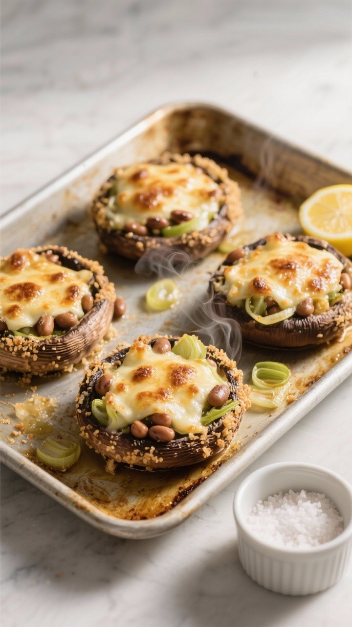 Tasty top view: Overhead hero shot of a baking tray fresh from the oven with four stuffed portobello