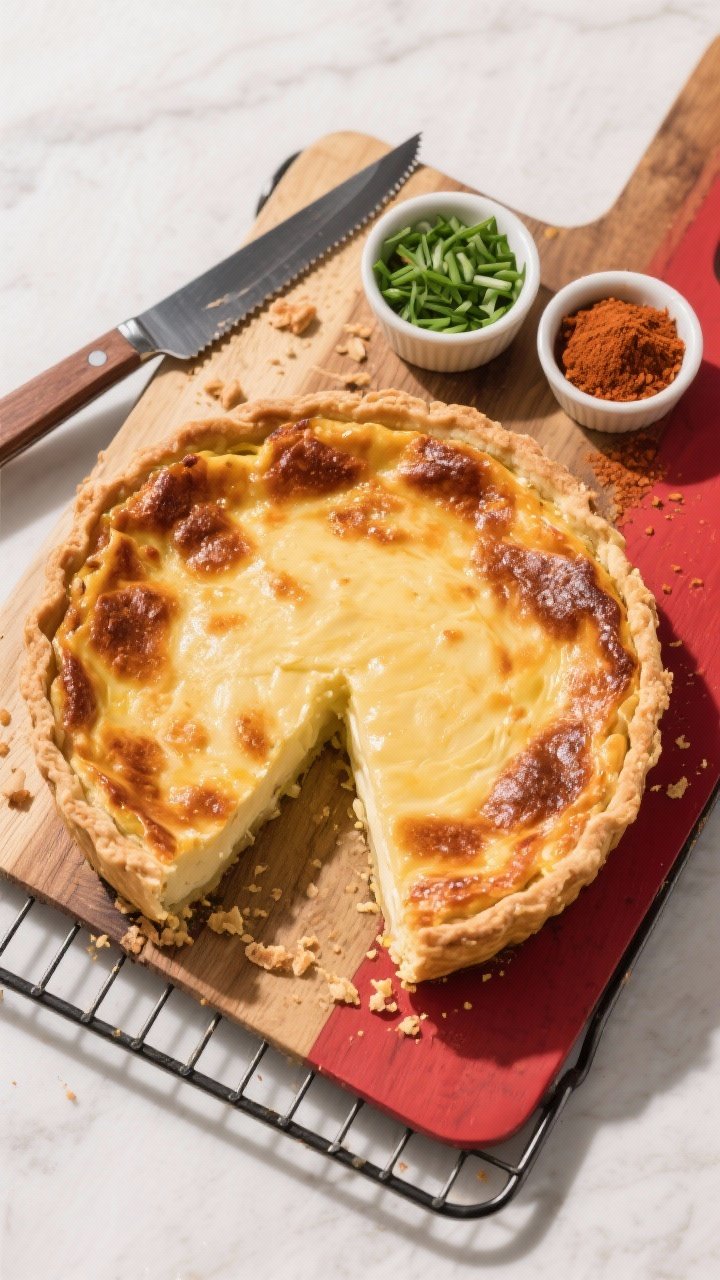 Tasty top view: Overhead hero shot of the whole quiche on a cooling rack, one slice removed to revea