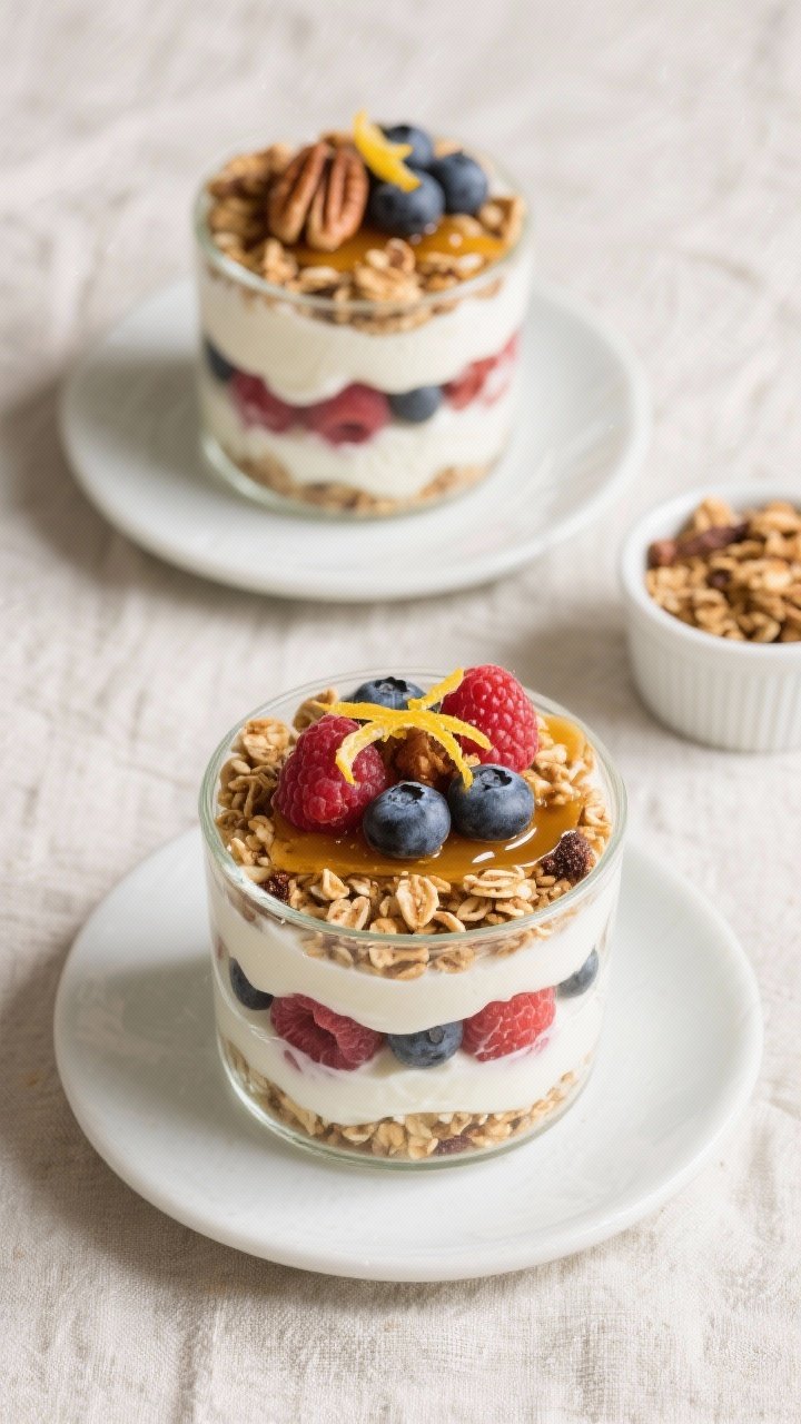 Tasty top view: Overhead hero shot of two finished Tyndall Hill Granola Parfaits on a light linen, l