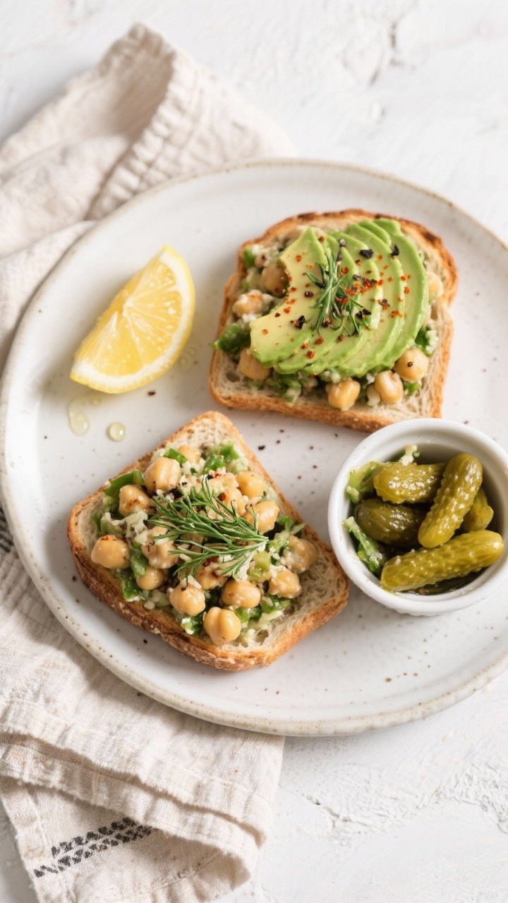 Tasty top view: Overhead lunch scene of two open-faced toasts loaded with chickpea salad, topped wit