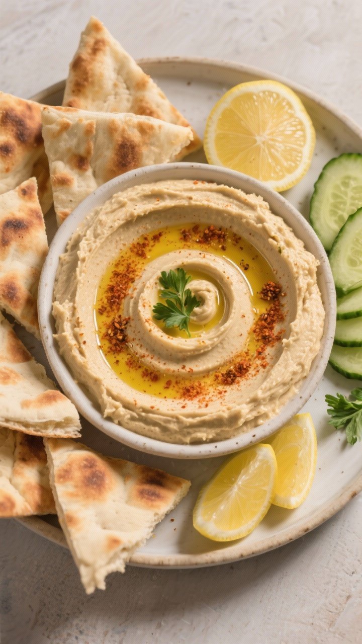 Tasty top view: Overhead mezze-style serving of finished hummus surrounded by accompaniments (toaste