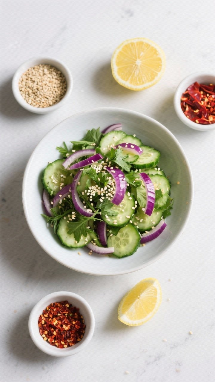 Tasty top view: Overhead mezze-style spread featuring the finished cucumber salad as the star—brig