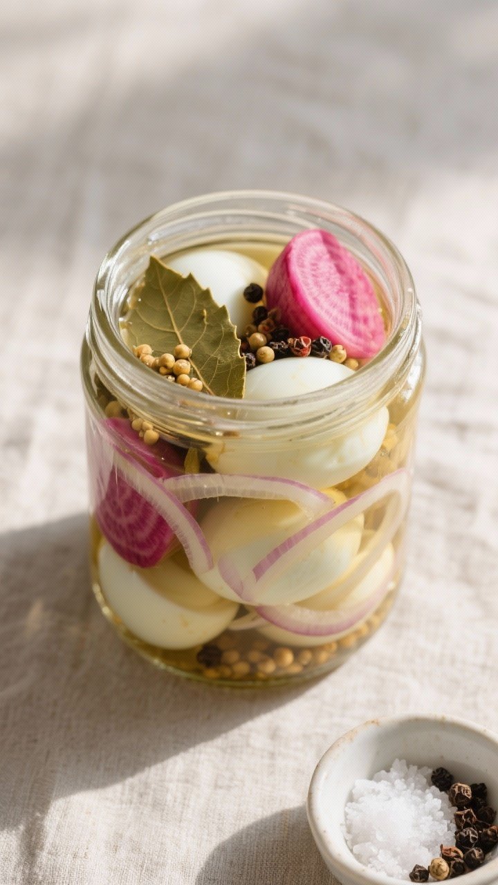 Tasty top view (overhead): Overhead shot of a fully packed jar of classic pickled eggs after 3–5 d