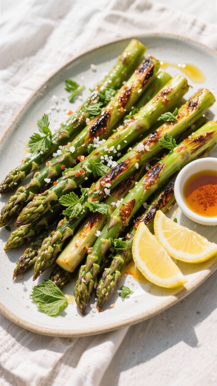 Tasty top view, overhead: Overhead shot of a large platter of grilled asparagus brushed with harissa