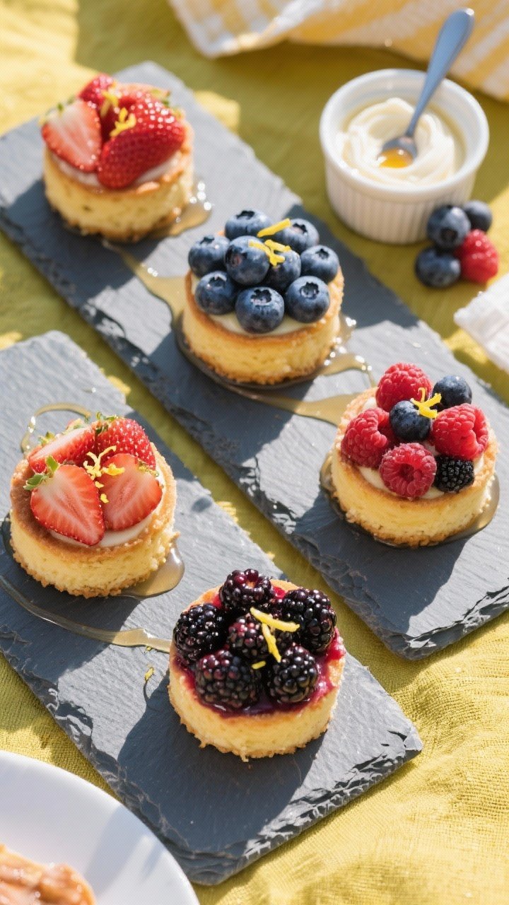 Tasty top view: Overhead picnic-style spread of four individual berry cakes arranged on a slate boar