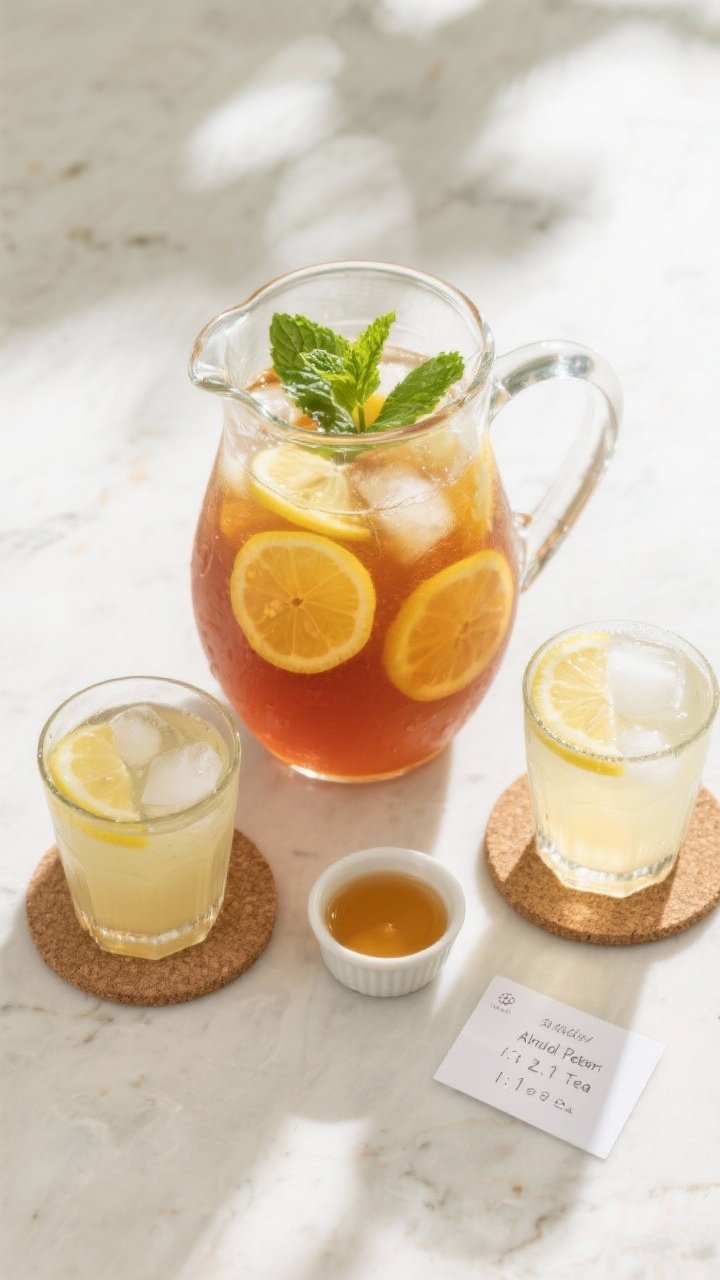 Tasty top view: Overhead pitcher-and-glass setup for a party-ready spread—large clear pitcher fill