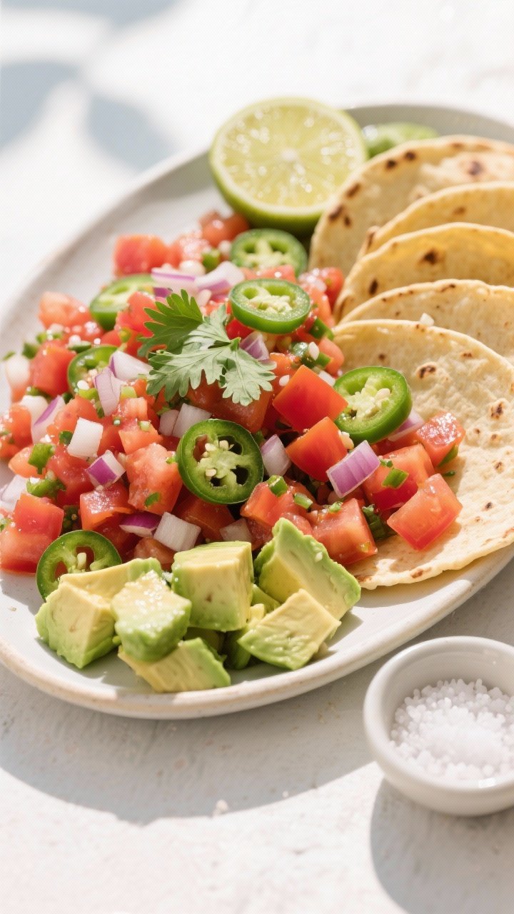 Tasty top view: Overhead platter for serving—chunky pico-style variation of the salsa with slightl
