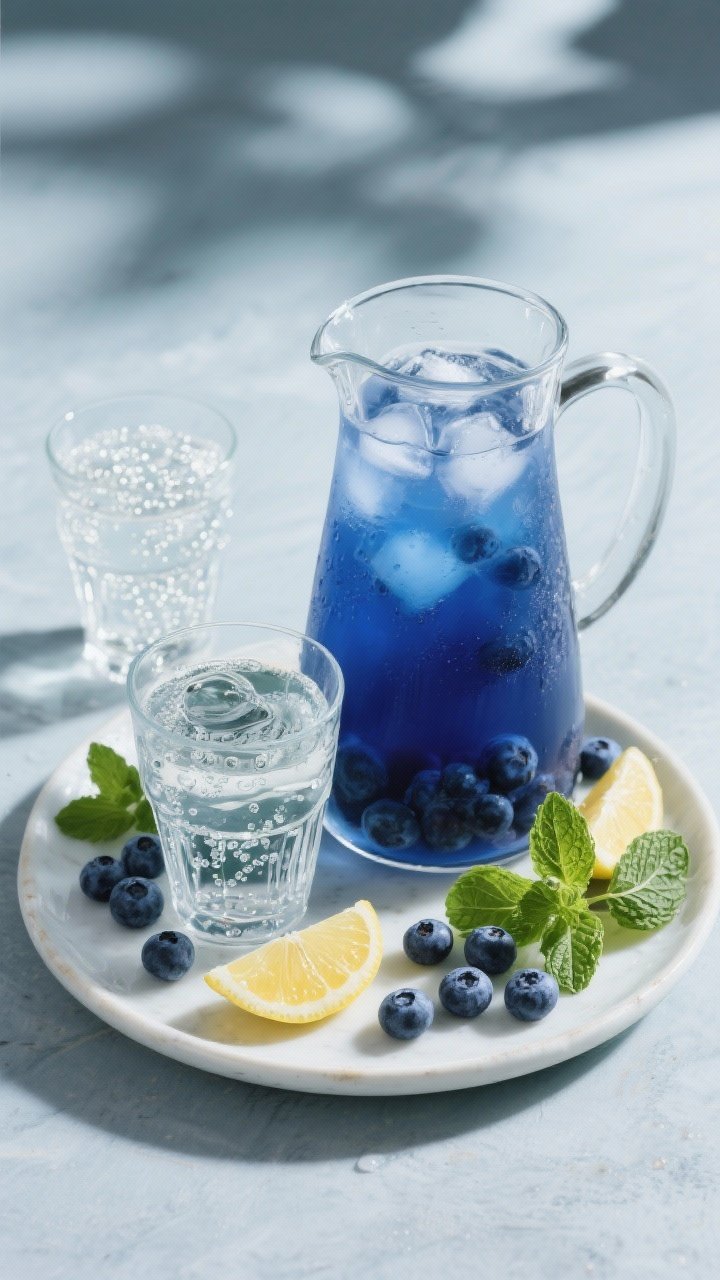 Tasty top view: Overhead serving scene with a chilled glass pitcher of blueberry iced tea alongside 
