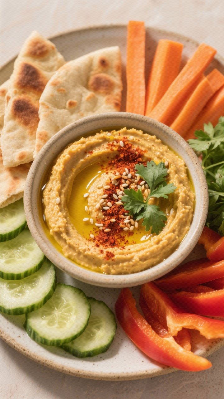 Tasty top view: Overhead shot of a bowl of red lentil hummus with turmeric and curry spices, finishe