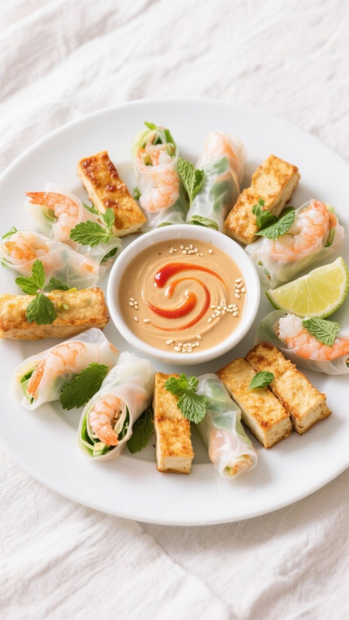 Tasty top view: Overhead shot of a bright serving platter of assorted finished spring rolls arranged