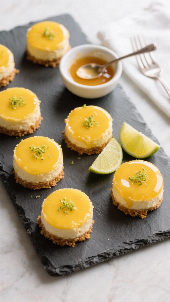 Tasty top view: Overhead shot of a brunch-style spread featuring several glazed mini cheesecakes on 