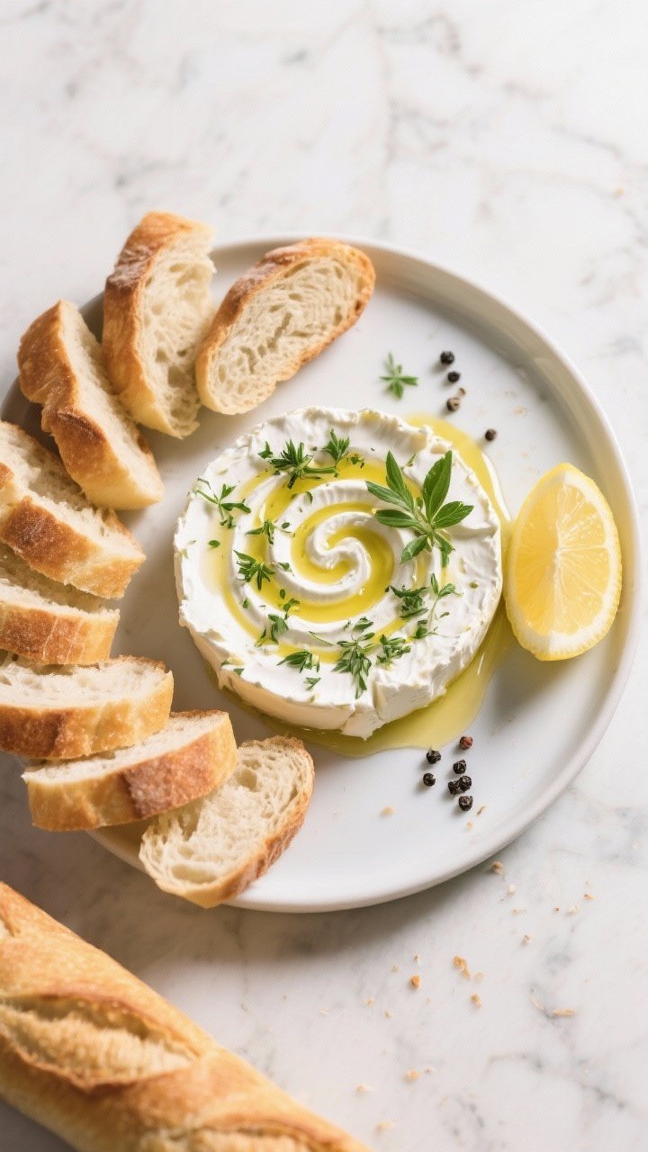 Tasty top view: Overhead shot of a casual appetizer spread—shallow plate of herbed goat cheese swi