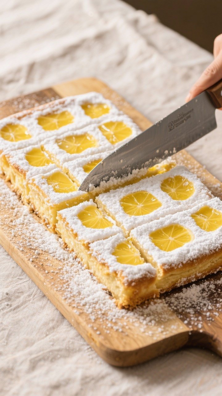 Tasty top view: Overhead shot of a chilled slab lifted onto a cutting board, dusted lightly with con